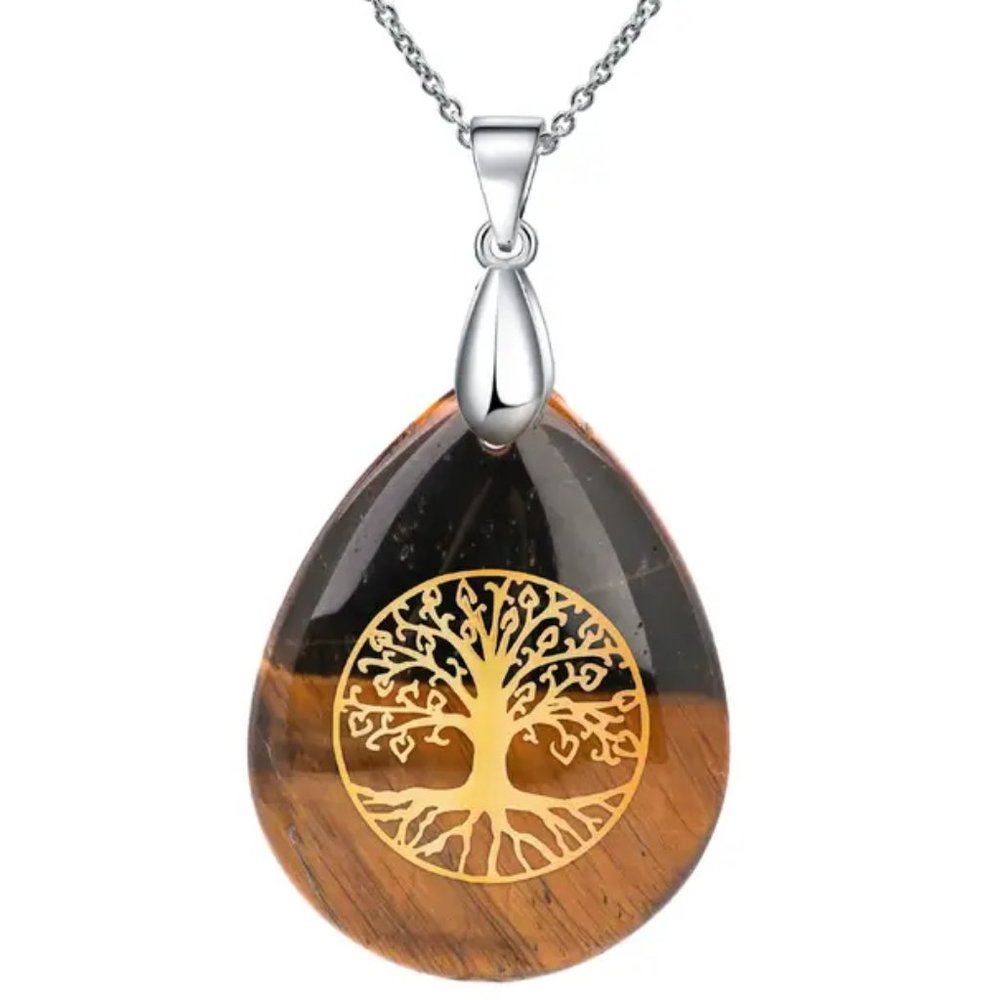 Tiger Eye Tree Of Life Natural Stones Necklace Gemstone Healing Pendant